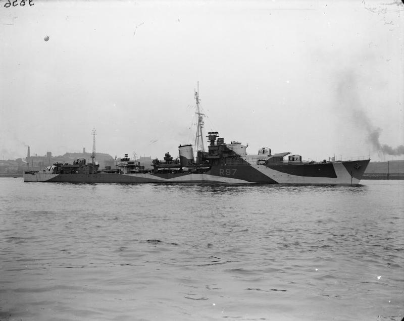 Wartime broadside photograph of HMS Grenville, with R97 visible on her hull.