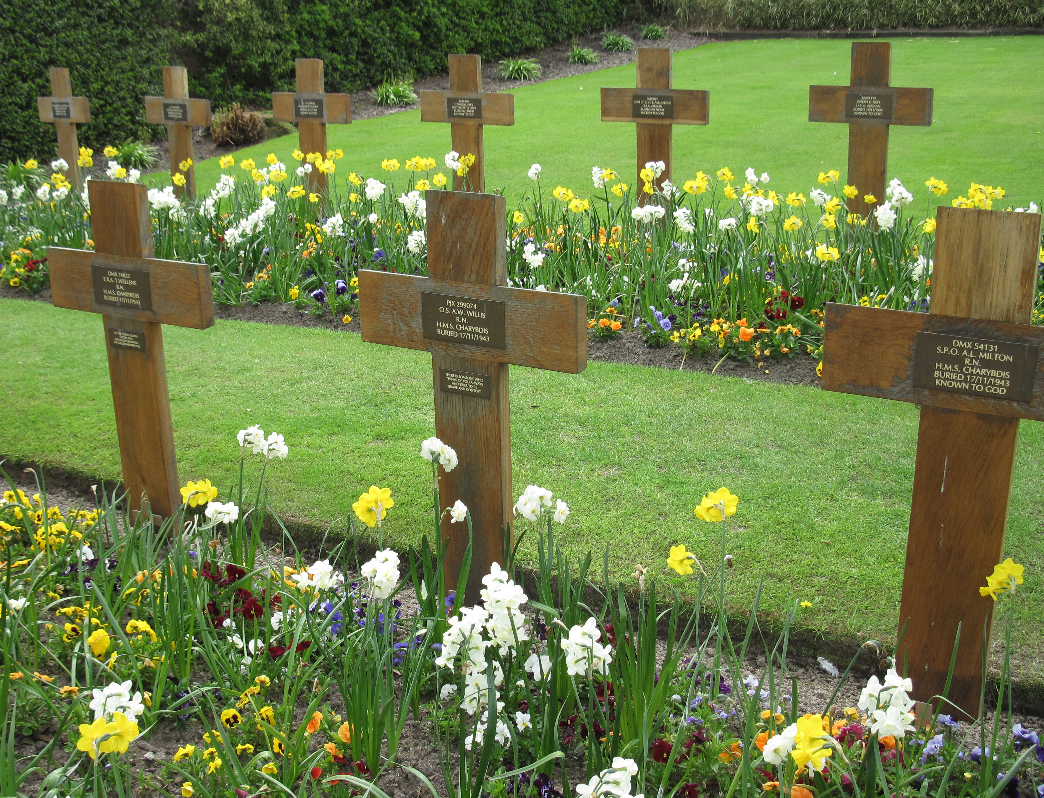 Wooden naval grave crosses and spring flowers at Howard Davis Park, with HMS Charybdis inscribed on several plaques.