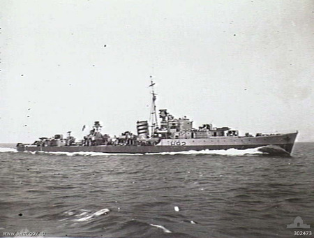 Black-and-white broadside view of HMS Rocket in her wartime destroyer configuration.