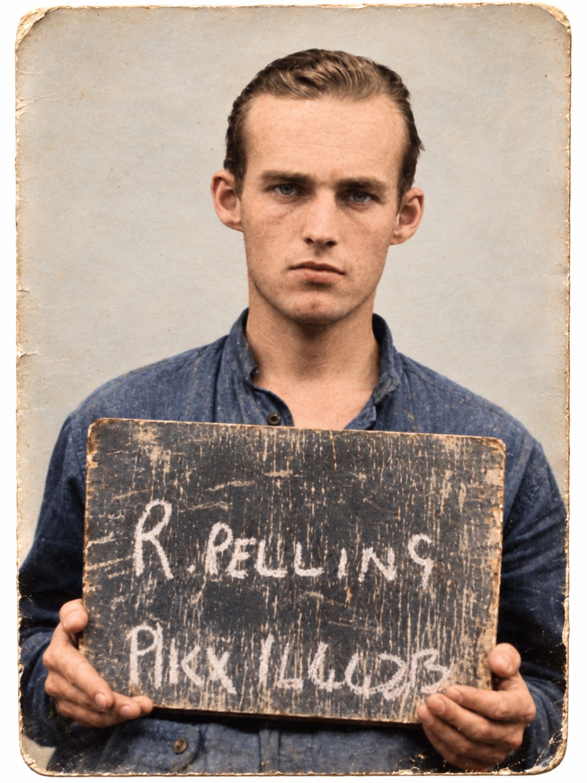 Restored and colourized family identification portrait of Roy Pelling holding a board.